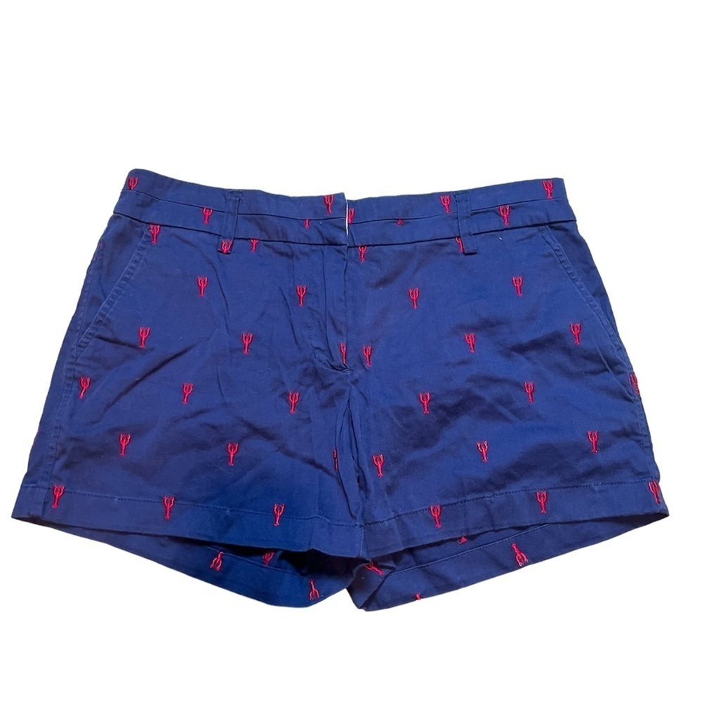 British Khaki Shorts Women Size 8 Blue with Red Lobster Embroidered Cotton